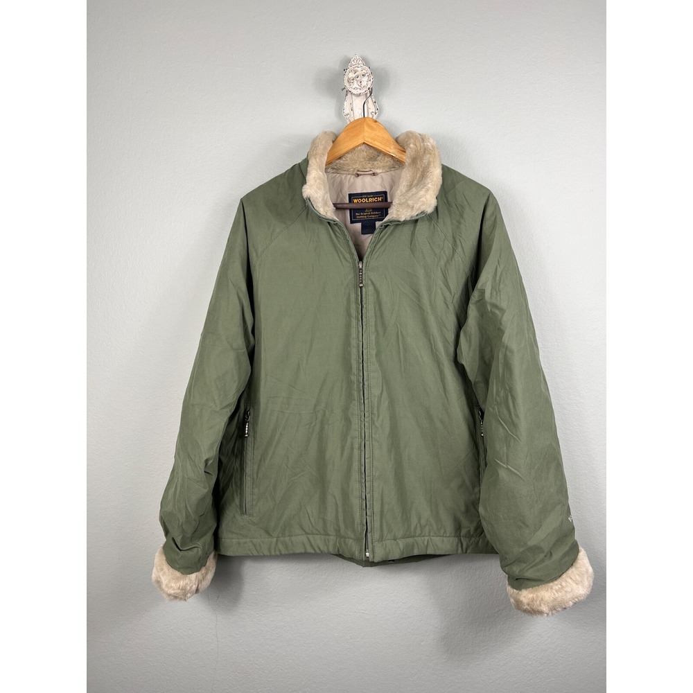 Woolrich Women's Jacket L Lined Faux Fur‎ Collar & Cuffs Full Zip Green